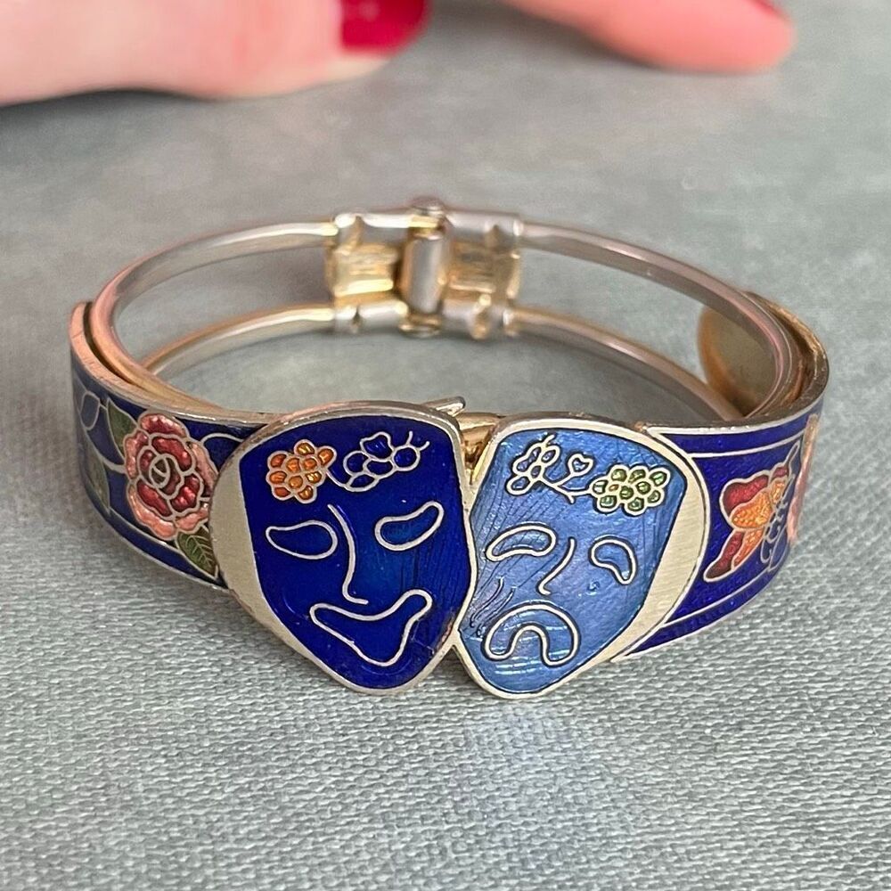 VTG Cloisonné Enamel Theater Mask Hinge Bangle Cobalt Floral 2.25”
